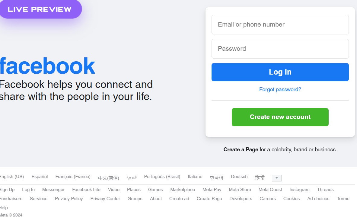 Facebook Login Clone Landing Page – pixel-perfect Facebook homepage HTML CSS free download educational project